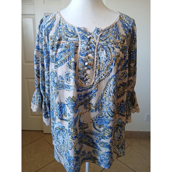Democracy Womens Blouse Flared Sleeve Blue Paisley  Bohemian Top 1X  Peasant - Picture 1 of 16